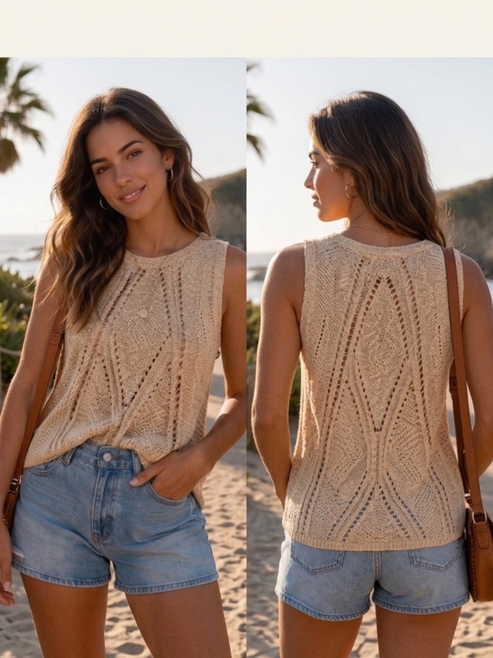 Open-Knit Sleeveless Tank Top in Beige